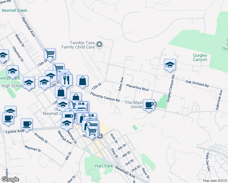 map of restaurants, bars, coffee shops, grocery stores, and more near 24637 Aden Avenue in Santa Clarita