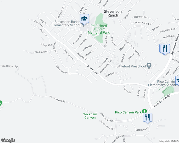 map of restaurants, bars, coffee shops, grocery stores, and more near 25435 Thoreau Way in Stevenson Ranch