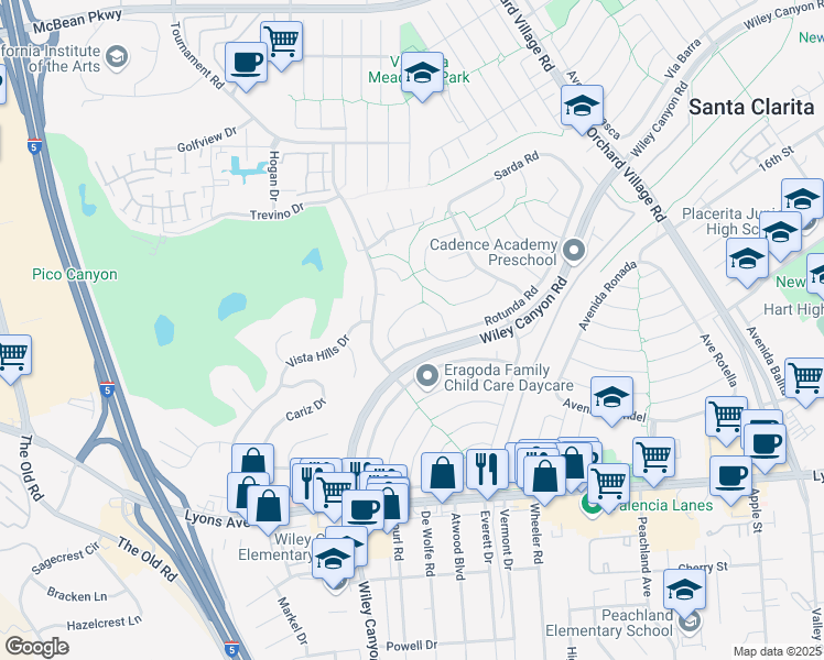 map of restaurants, bars, coffee shops, grocery stores, and more near 25511 Plaza Chiva in Santa Clarita
