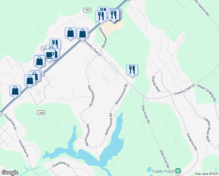 map of restaurants, bars, coffee shops, grocery stores, and more near 203 Golf Terrace Court in Hampstead
