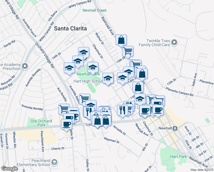 map of restaurants, bars, coffee shops, grocery stores, and more near 24825 Newhall Avenue in Santa Clarita