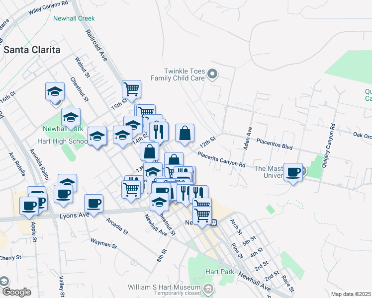 map of restaurants, bars, coffee shops, grocery stores, and more near 24609 Arch Street in Santa Clarita