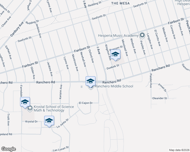 map of restaurants, bars, coffee shops, grocery stores, and more near 7344 Oxford Avenue in Hesperia