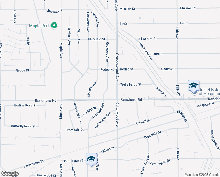 map of restaurants, bars, coffee shops, grocery stores, and more near 7361 Redwood Avenue in Hesperia