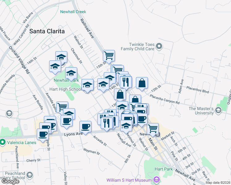 map of restaurants, bars, coffee shops, grocery stores, and more near 22611 13th Place in Santa Clarita
