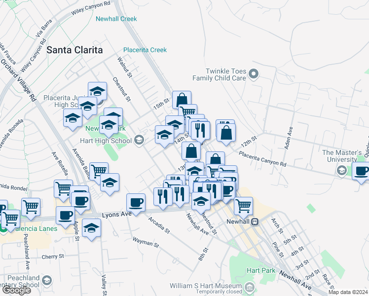 map of restaurants, bars, coffee shops, grocery stores, and more near 22611 13th Place in Santa Clarita