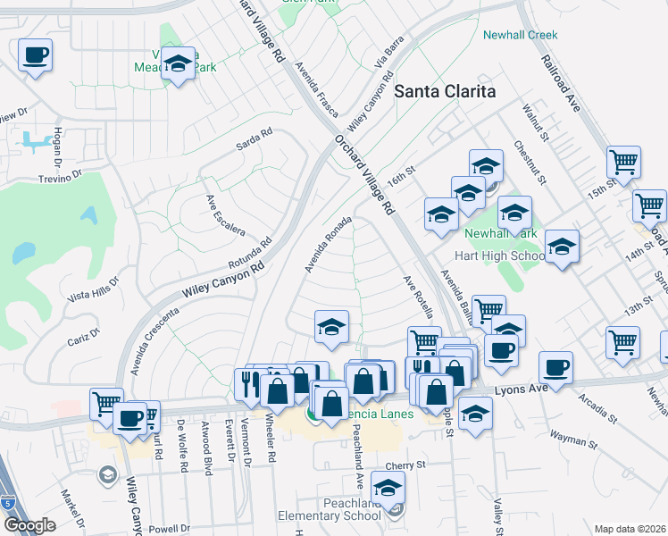 map of restaurants, bars, coffee shops, grocery stores, and more near 23627 Vía Delos in Santa Clarita