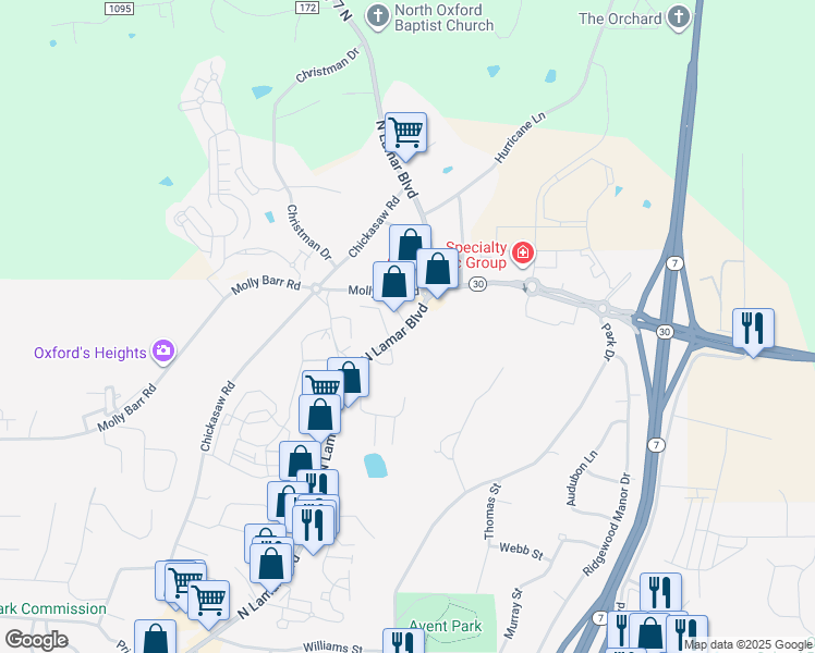 map of restaurants, bars, coffee shops, grocery stores, and more near 1400 North Lamar Boulevard in Oxford