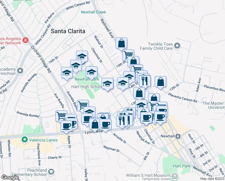 map of restaurants, bars, coffee shops, grocery stores, and more near 24816-24828 Newhall Avenue in Santa Clarita