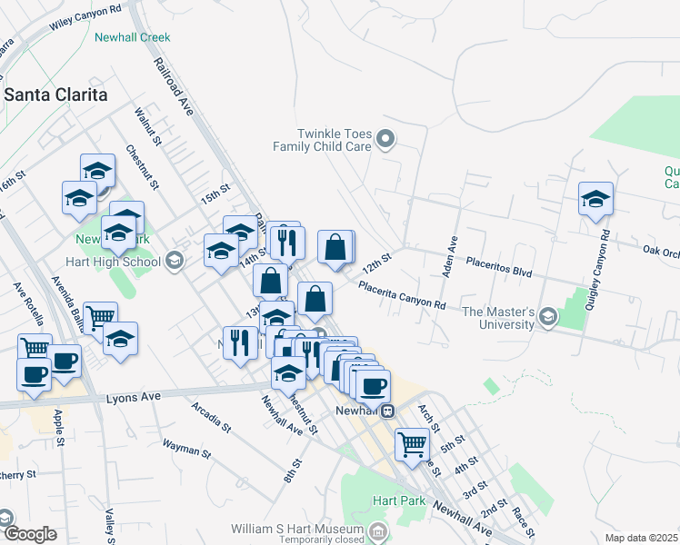 map of restaurants, bars, coffee shops, grocery stores, and more near 24609 Arch Street in Santa Clarita
