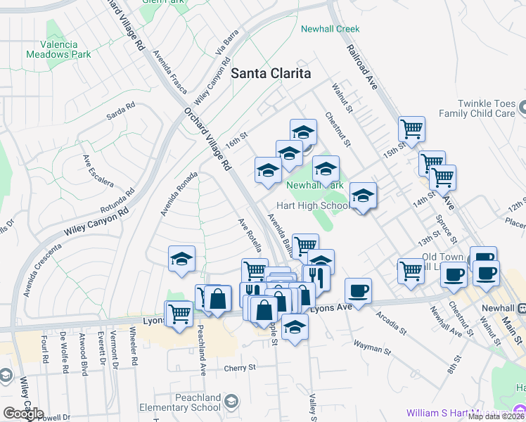 map of restaurants, bars, coffee shops, grocery stores, and more near 25235 Orchard Village Road in Santa Clarita