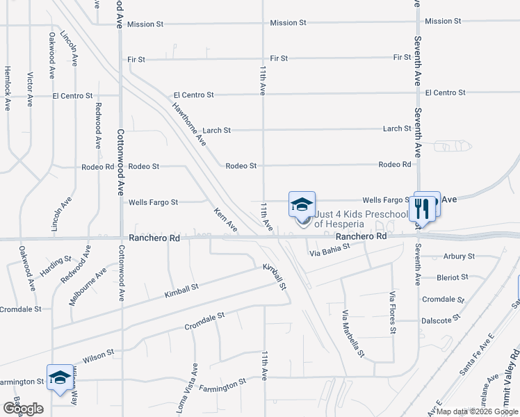 map of restaurants, bars, coffee shops, grocery stores, and more near 15291 Wells Fargo Street in Hesperia