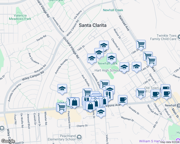 map of restaurants, bars, coffee shops, grocery stores, and more near 25047 Avenida Balita in Santa Clarita
