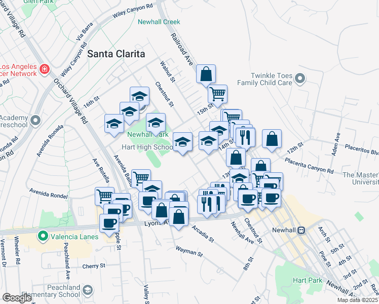 map of restaurants, bars, coffee shops, grocery stores, and more near 24838 Newhall Avenue in Santa Clarita