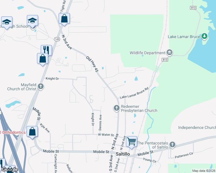 map of restaurants, bars, coffee shops, grocery stores, and more near 101 Lesley Drive in Saltillo
