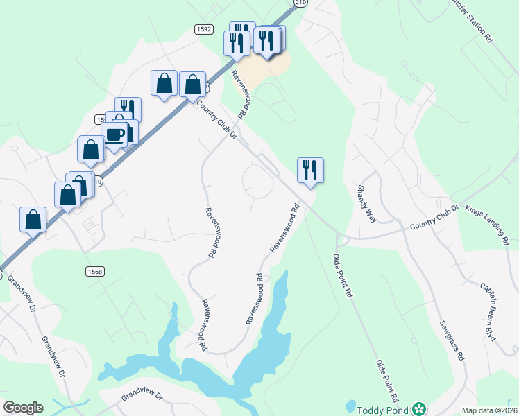 map of restaurants, bars, coffee shops, grocery stores, and more near 203 Golf Terrace Court in Hampstead