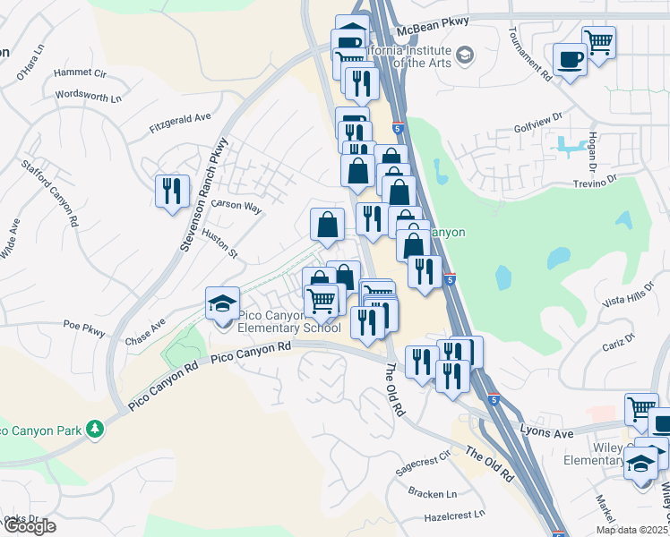 map of restaurants, bars, coffee shops, grocery stores, and more near 25512 Fountain Glen Court in Stevenson Ranch