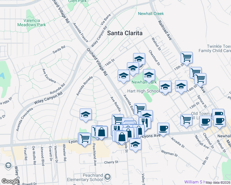 map of restaurants, bars, coffee shops, grocery stores, and more near 25235 Orchard Village Road in Santa Clarita