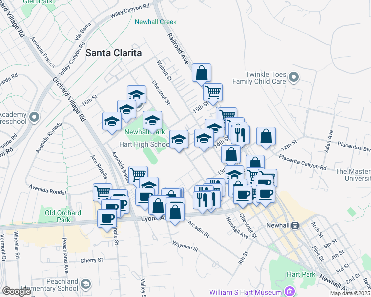 map of restaurants, bars, coffee shops, grocery stores, and more near 24816 Newhall Avenue in Santa Clarita