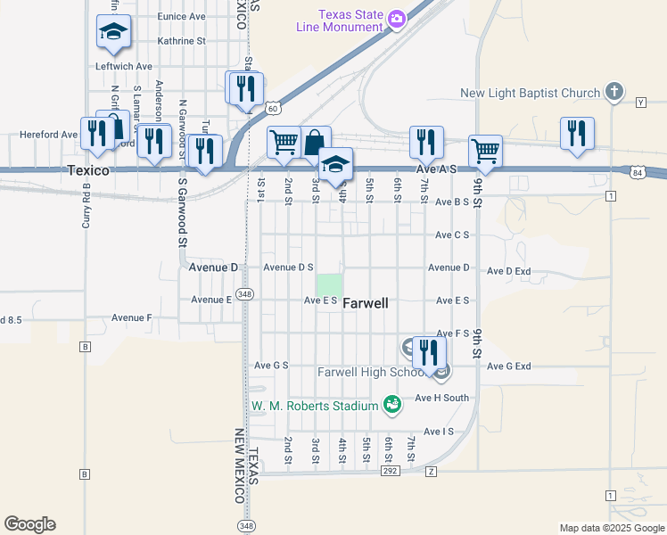 map of restaurants, bars, coffee shops, grocery stores, and more near 401 3rd Street in Farwell