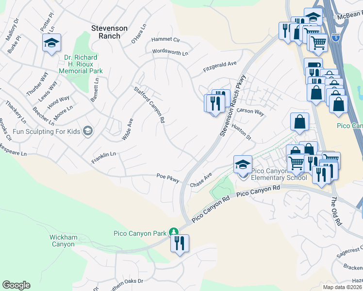 map of restaurants, bars, coffee shops, grocery stores, and more near 25507 Longfellow Place in Stevenson Ranch