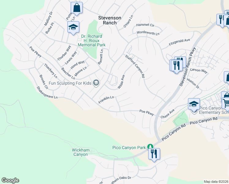 map of restaurants, bars, coffee shops, grocery stores, and more near 25548 Wilde Avenue in Stevenson Ranch