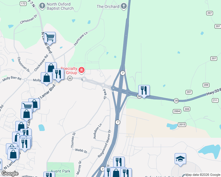 map of restaurants, bars, coffee shops, grocery stores, and more near 810 Park Drive in Oxford