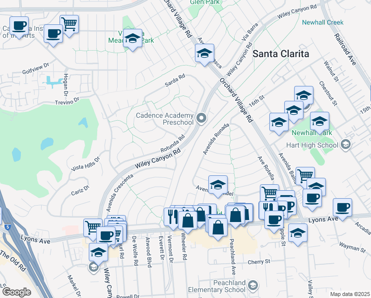 map of restaurants, bars, coffee shops, grocery stores, and more near 25492 Vía Dalia in Santa Clarita