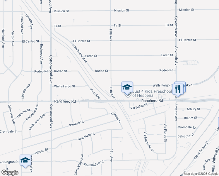 map of restaurants, bars, coffee shops, grocery stores, and more near 15291 Wells Fargo Street in Hesperia