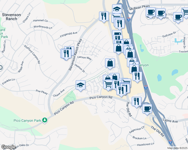 map of restaurants, bars, coffee shops, grocery stores, and more near 25234 Huston Street in Stevenson Ranch