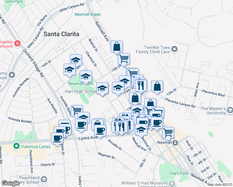 map of restaurants, bars, coffee shops, grocery stores, and more near 24756 Chestnut Street in Santa Clarita