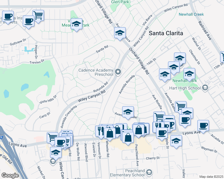map of restaurants, bars, coffee shops, grocery stores, and more near 25492 Vía Dalia in Santa Clarita