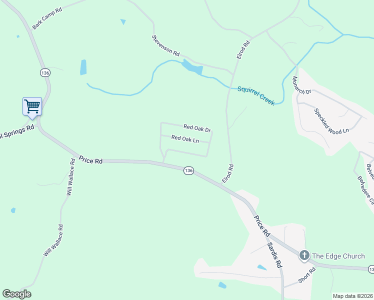 map of restaurants, bars, coffee shops, grocery stores, and more near 4820 Red Oak Drive in Gainesville