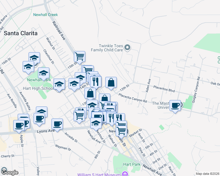 map of restaurants, bars, coffee shops, grocery stores, and more near 24631 Arch Street in Santa Clarita