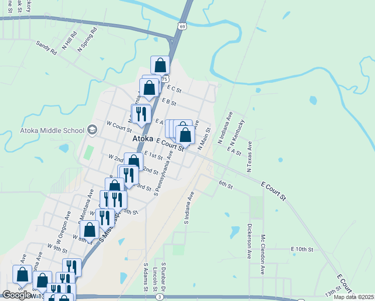 map of restaurants, bars, coffee shops, grocery stores, and more near 407 East Court Street in Atoka