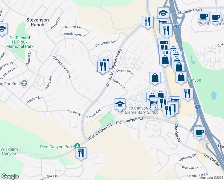 map of restaurants, bars, coffee shops, grocery stores, and more near 25510 Chisom Lane in Stevenson Ranch