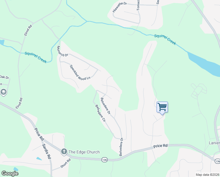 map of restaurants, bars, coffee shops, grocery stores, and more near 4180 Belvedere Drive in Gainesville