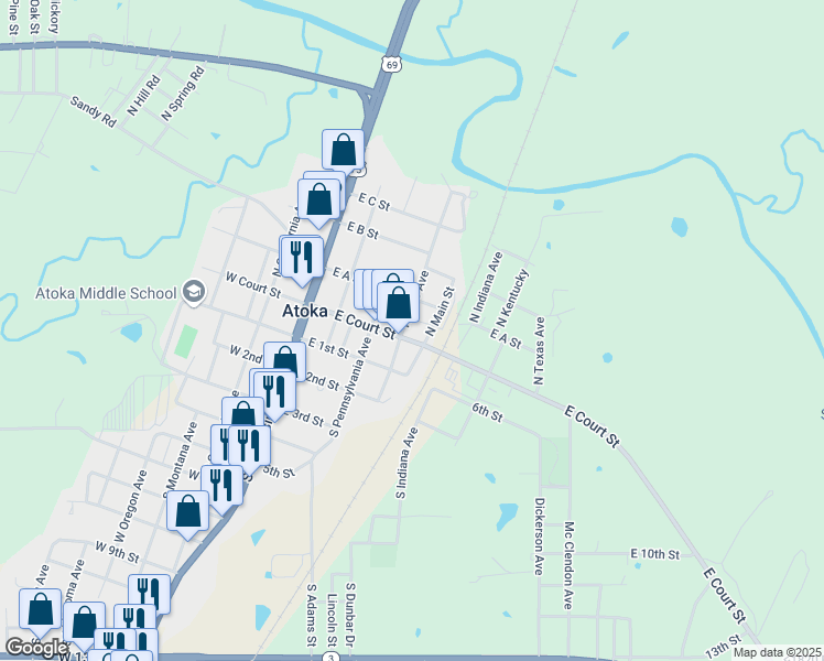 map of restaurants, bars, coffee shops, grocery stores, and more near 407 East Court Street in Atoka