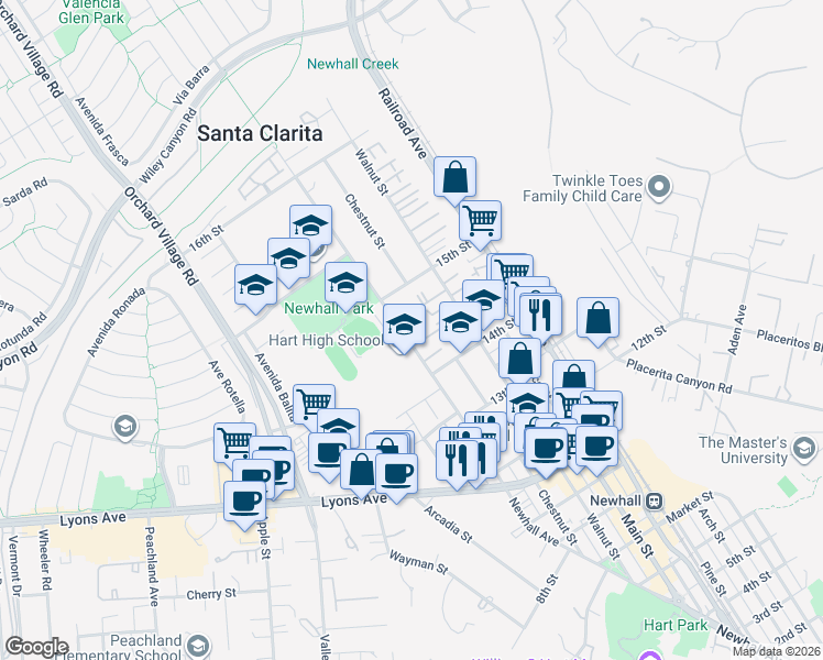 map of restaurants, bars, coffee shops, grocery stores, and more near 24852 Newhall Avenue in Santa Clarita