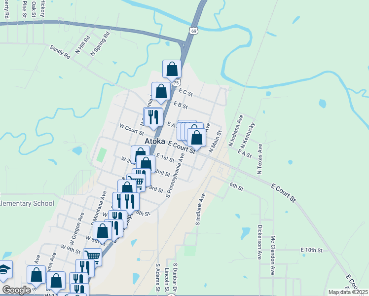 map of restaurants, bars, coffee shops, grocery stores, and more near 301 East Court Street in Atoka