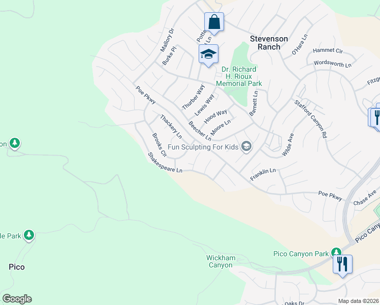 map of restaurants, bars, coffee shops, grocery stores, and more near 26432 Brooks Circle in Stevenson Ranch