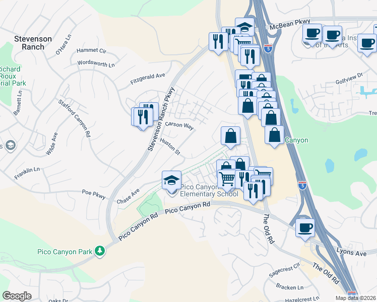 map of restaurants, bars, coffee shops, grocery stores, and more near 25621 Crockett Lane in Stevenson Ranch