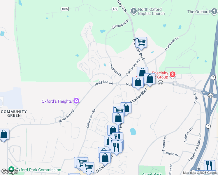 map of restaurants, bars, coffee shops, grocery stores, and more near 1704-1898 Molly Barr Road in Oxford