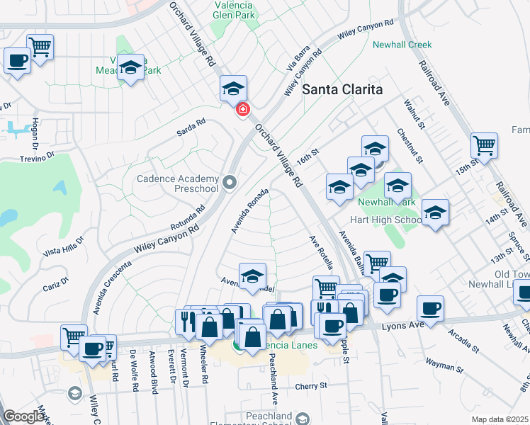 map of restaurants, bars, coffee shops, grocery stores, and more near 25347 Avenida Ronada in Santa Clarita
