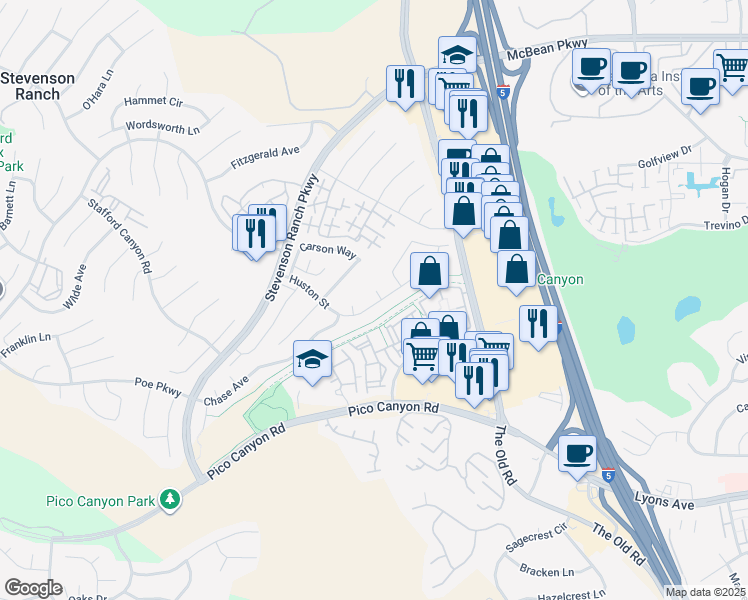 map of restaurants, bars, coffee shops, grocery stores, and more near 25605 Walker Place in Stevenson Ranch