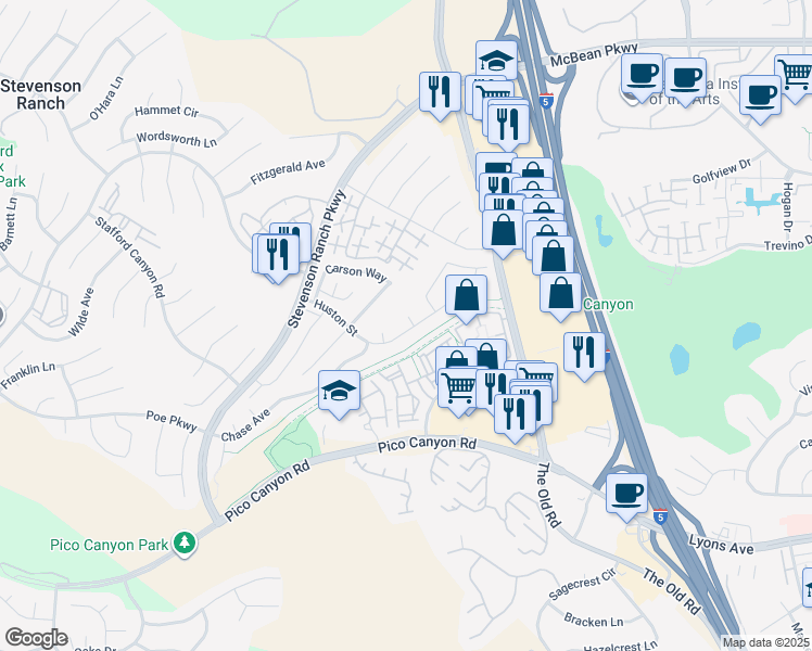 map of restaurants, bars, coffee shops, grocery stores, and more near 25605 Walker Place in Stevenson Ranch