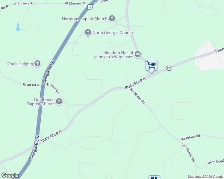 map of restaurants, bars, coffee shops, grocery stores, and more near Harmony Church Road in Dawsonville