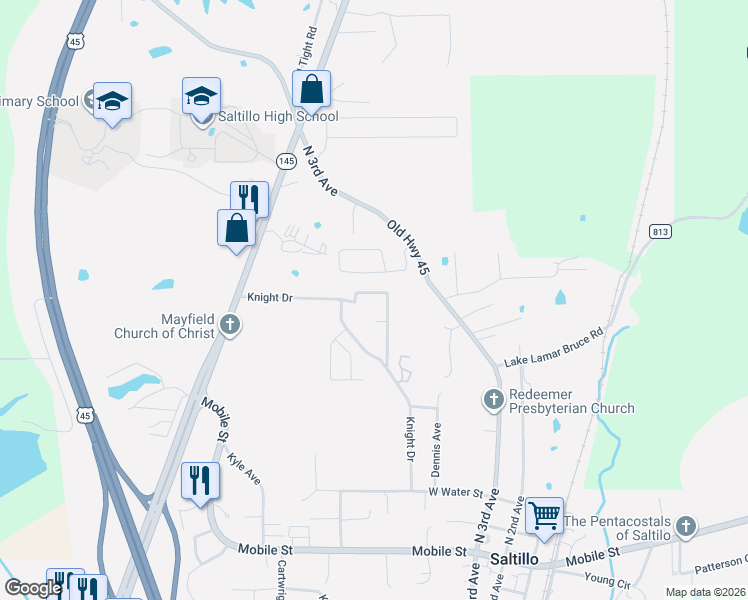 map of restaurants, bars, coffee shops, grocery stores, and more near 144 Loghan Drive in Saltillo