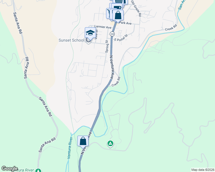 map of restaurants, bars, coffee shops, grocery stores, and more near 2 North Ventura Avenue in Oak View