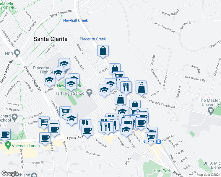 map of restaurants, bars, coffee shops, grocery stores, and more near 24836 Walnut Street in Santa Clarita
